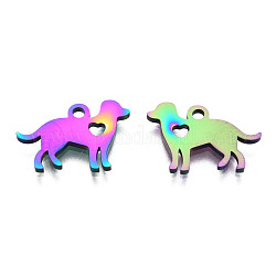 Placcatura ionica (ip) 304 ciondoli per cuccioli in acciaio inossidabile, cane con ciondoli a cuore, colore arcobaleno, 11x15.5x1mm, Foro: 1.5 mm