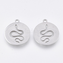 201 Stainless Steel Pendants, Laser Cut Pendants, Flat Round with Snake, Stainless Steel Color, 17x15x1mm, Hole: 1.4mm
