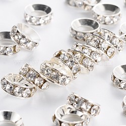 Abalorios de latón Diamante de imitación espaciador, Grado A, rerondana plana, color plateado, cristal, 10x4.2mm, agujero: 5.2~5.7 mm