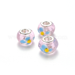 Handmade Lampwork European Beads, Large Hole Rondelle Beads, with Platinum Tone Brass Double Cores, Light Sky Blue, 17x14~15x9~10mm, Hole: 5mm