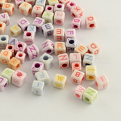 Craft Style Horizontal Hole Acrylic Beads, Cube with Initial, Mixed Letters, Mixed Color, 6x6x6mm, Hole: 3.5mm, about 2500pcs/500g