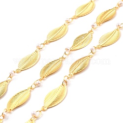 Chaînes de perles de verre blanc faites à la main en laiton, avec bobine, soudé, Plaqué longue durée, feuille, or, lien: 22x9.5x0.5 mm