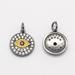 Flat Round with Evil Eye Brass Micro Pave Cubic Zirconia Charms, Cadmium Free & Nickel Free & Lead Free, Gunmetal, 13x12x2mm, Hole: 3mm