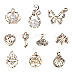 10Pcs 10 Style UV Plating Alloy Pendants, with Crystal Rhinestone and ABS Plastic Imitation Pearl, Skeleton Key & Heart & Tree & Fishtail & Crown & Shell Charms, Golden, 14.5~27x8.5~19x2~18.5mm, Hole: 1.5~2.5mm, 1Pc/style