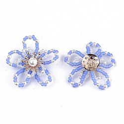 Semillas de vidrio cabujones, Con perlas de imitación de plástico abs y ajustes de disco perforado de latón chapado en oro, flor, azul aciano, 30~34x33~35x8~10mm