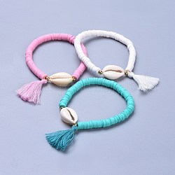 Handmade Polymer Clay Heishi Beads Stretch Bracelets, with 304 Stainless Steel Findings, Shell Beads and Cotton Tassel Pendants, Mixed Color, 2-1/8 inch(5.4cm)