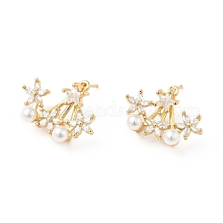 Rack Plating Brass Stud Earrings for Women, with Clear Cubic Zirconia & Acrylic Imitation Pearl Beads, Cadmium Free & Lead Free, Long-Lasting Plated, Flower with Star, Real 18K Gold Plated, 18x23x20mm, Pin: 0.9mm