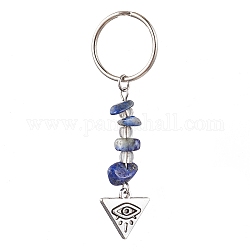Porte-clés en alliage de style tibétain, avec perles de lapis-lazuli naturelles et porte-clés fendus en fer, mauvais œil avec triangle, triangle, 6.4 cm, triangle: 42x16x6 mm