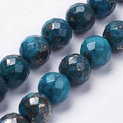 Chapelets de perles de pyrite naturelle , teinte, ronde, facette, bleu profond du ciel, 10~11x10~11mm, Trou: 1.5mm, Environ 19 pcs/chapelet, 7.8 pouce (20 cm)
