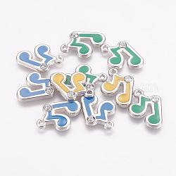 Alloy Enamel Pendants, Lead Free and Cadmium Free, With Rhinestone, Musical Note, Platinum Color, Mixed Color, 20x13x2mm, Hole: 2mm