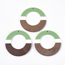 Pendenti in resina e legno di noce, tri-color, rotondo e piatto, verde chiaro, 49x3~3.5mm, Foro: 2 mm