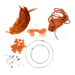 Diy conjunto de red/tela tejida con plumas, incluido cordón de gamuza sintética, Cuerda de rosca de nylon, Cuentas de madera, pluma, anillo de hierro y anillo de salto y extremos de cinta, Colgantes de concha natural, naranja oscuro, 2.5x2mm, aproximamente 5 m / paquete, 1 paquete