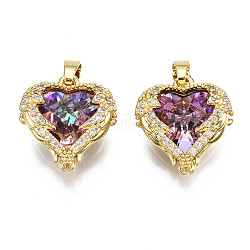 Brass Medium Violet Red Cubic Zirconia Pendants, Nickel Free, Heart, Real 16K Gold Plated, 16.5x15.5x7.5mm, Hole: 3mm