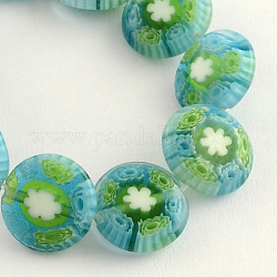 Handmade Millefiori Glass Beads Strands, Flat Round, Green, 12x4mm, Hole: 1mm, about 33pcs/strand, 14.5inch