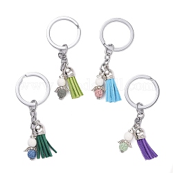 Accessoires de porte-clés en alliage, avec des perles de roche de lave naturelle et un pendentif pampille en faux suède, ange, couleur mixte, 8.6~8.8 cm