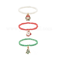 3 шт. 3 стильных браслета из стеклянных семян, браслеты с подвесками из сплава рождественской елки, деда мороза и венка с эмалью для женщин, разноцветные, внутренний диаметр: 2-1/4 дюйм (5.8 см), 1шт / стиль