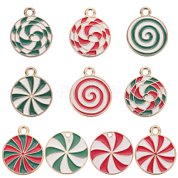 Sunnyclue 40pcs 10 pendentifs en alliage d'émail sur le thème de Noël, or, plat et circulaire avec motif rondbillon, couleur mixte, 17.5~18x15~17.5x1.3~1.5mm, Trou: 1.5~1.6mm, 4 pièces / style
