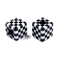 Opaque Resin European Beads, Large Hole Beads, Cube with Tartan Pattern, Black, 20x20x20mm, Hole: 9mm