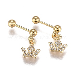304 Stainless Steel Barbell Cartilage Earrings, with Clear Cubic Zirconia Crown Charm, Golden, 13.5mm, Pin: 0.8mm, 12pcs/set