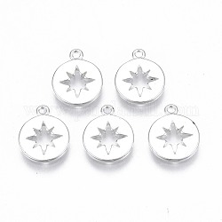 Brass Charms, Flat Round with Star, Nickel Free, 925 Sterling Silver Plated, 12x9.5x1mm, Hole: 1mm
