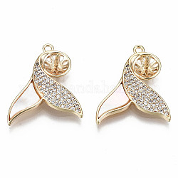 Brass Micro Pave Clear Cubic Zirconia Peg Bails Pendants, for Half Drilled Beads, with Freshwater Shell, Nickel Free, Fishtail, Real 18K Gold Plated, 22x18.5x2.5mm, Hole: 1.5mm, Pin: 1mm