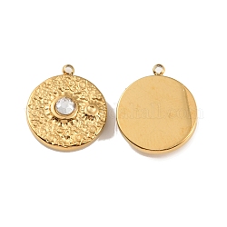 Ion Plating(IP) 304 Stainless Steel Pendants, with Rhinestone, Flat Round with Sun, Real 18K Gold Plated, 14x12x3mm, Hole: 1mm