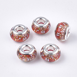 Perles européennes en alliage, Perles avec un grand trou   , en laiton de tonalité de platine noyaux doubles, le thème de Noël, rondelle, rouge-orange, 13x8mm, Trou: 5mm