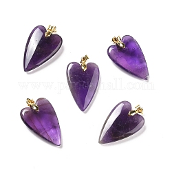 Natural Amethyst Pendants, with Rack Plating Golden Plated Brass Findings, Long-Lasting Plated, Heart, 32~34x20x8mm, Hole: 4x4mm