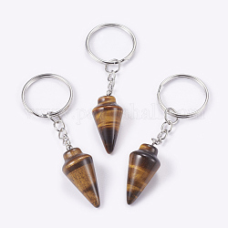 Natural Tiger Eye Keychain, with Iron Key Rings, Platinum, 78mm, Pendant: 32x14mm
