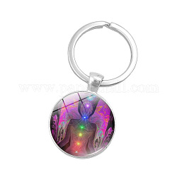Porte-clés pendentif demi-rond/dôme en verre, thème yoga, sept chakras, avec porte-clés en alliage, pour accessoires de suspension de sac de voiture, colorées, 5.7 cm