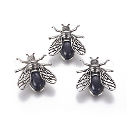 Synthetic Blue Goldstone Brooches, with Brass Findings, Cicada, Antique Silver, 38x36x8mm, Pin: 0.6mm