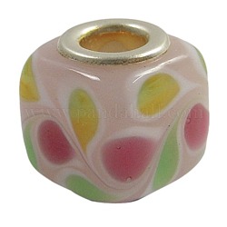 Silver Tone Brass Core Large Hole Handmade Lampwork Cube Beads for European Bracelets, Pink, about 12mm long, about 12mm wide, about 12~13mm thick, hole: 5mm