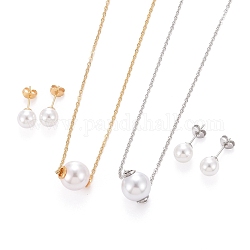 Kits de bijoux en 304 acier inoxydable, pendentif chaînes torsadées colliers et boucles d'oreilles, avec une perle d'imitation en plastique, fermoirs pinces de homard et poussoirs d'oreilles, boule, couleur mixte, 17.71 pouce (45 cm), 11.5mm, pin: 0.6 mm, perles: 12x13 mm