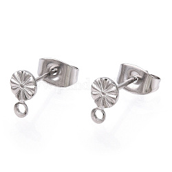 304 Stainless Steel Stud Earring Findings, with 316 Stainless Steel Pin & Horizontal Loops, Flat Round, Stainless Steel Color, 7x4.5mm, Hole: 1.2mm, Pin: 0.8mm