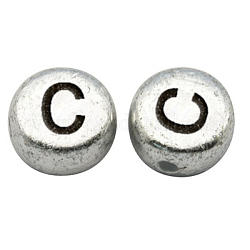 Perline con lettere a foro orizzontale in acrilico placcato color argento, rotondo e piatto, letter.c, 7x3.5mm, Foro: 1 mm, circa 360pcs/50g
