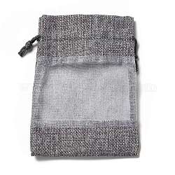Pochettes en lin, sacs à cordonnet, avec fenêtres en organza, rectangle, grises , 14x10x0.5 cm