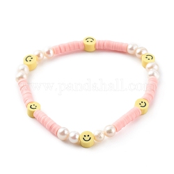 Pulseras elásticas con cuentas heishi de arcilla polimérica hechas a mano, de abalorios de perlas naturales, cara sonriente, rosa, diámetro interior: 2-1/8 pulgada (5.5 cm)