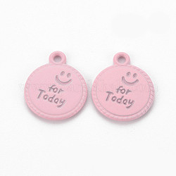 Spray Painted Alloy Pendants, Cadmium Free & Lead Free, Flat Round with Word For Today, Flamingo, 17x14x1.5mm, Hole: 1.8mm