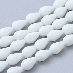 Glasperlen Stränge, imitatorische Jade Perlen, facettiert, Träne, weiß, 15x10 mm, Bohrung: 2 mm