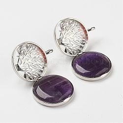 Natural Amethyst Pendants, with Brass Diffuser Locket Findings, Flat Round with Tree, Platinum, 31x25x8mm, Hole: 4mm