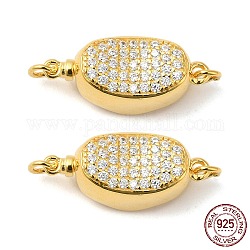 925 Sterling Sliver Micro Pave Clear Cubic Zirconia Box Clasps, 1-Strand, 2-Hole, with 925 Stamp, Oval, Real 18K Gold Plated, 17x8.5x8mm, Hole: 2.1mm