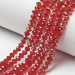 Electroplate Transparent Glass Beads Strands, Half Rainbow Plated, Faceted, Rondelle, Red, 6x5mm, Hole: 1mm, about 85~88pcs/strand, 16.1~16.5 inch(41~42cm)