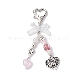 Décorations de pendentif en acrylique avec nœud papillon en forme de cœur, avec fermoirs mousquetons en alliage en forme de cœur, rose, 108.5mm