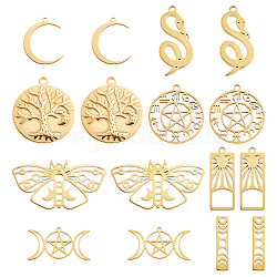 SUNNYCLUE 16Pcs 8 Style 304 Stainless Steel Charms, Snake & Moon & Butterfly, Real 18K Gold Plated, 19~29.5x6~44.5x1~2mm, Hole: 1.2~2mm, 2pcs/style