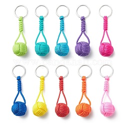 Porte-clés en polyester avec corde tressée, avec accessoires en 304 acier inoxydable, ronde, couleur mixte, 9.5 cm