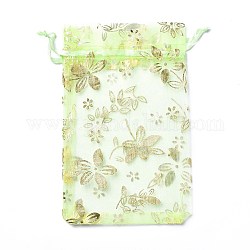 Pochettes à bijoux en organza avec cordon de serrage, sacs-cadeaux de fête de mariage, rectangle avec motif de fleurs estampé d'or, vert pale, 15x10x0.11 cm