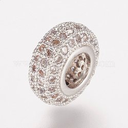 Perles européennes en laiton avec zircone cubique de micro pave, rondelle, platine, 10x4.5mm, Trou: 4.5mm