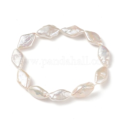 Bracciale elasticizzato da donna con perle keshi barocche naturali con perline a rombo, bianco crema, diametro interno: 2-1/4 pollice (5.6 cm)