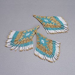 Handmade Japanese Seed Beads Tassels Pendants, with Japan Import Thread, Loom Pattern, Rhombus, Sky Blue, 87~89x26x2mm, Hole: 1.5mm