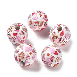 Perles en bois imprimées sur le thème de la Saint-Valentin, ronde, cœur, 15~16x14.5~15mm, Trou: 3~4mm
